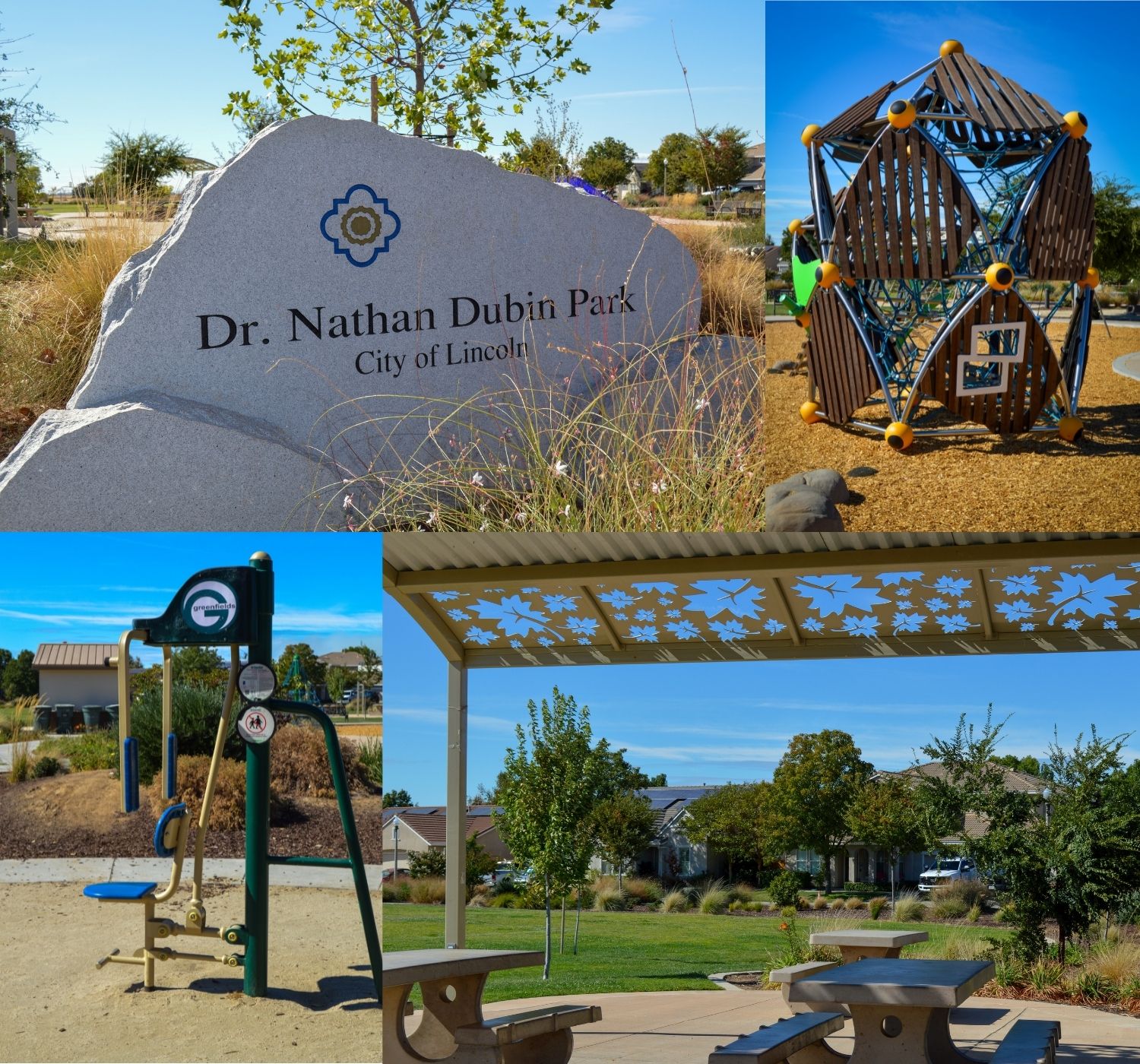 "Photo collage of park with green grass and wood play structure"